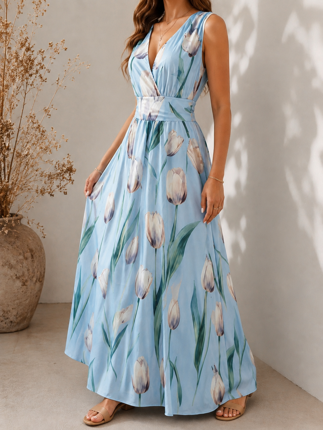 Agatha - Elegant V-Neck Sleeveless Floral A-Line Dress