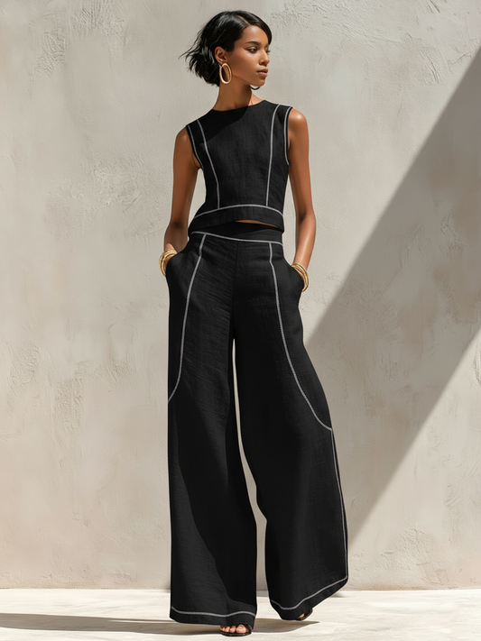 Calla - Contrast-Trim Blouse & Wide Pants Set