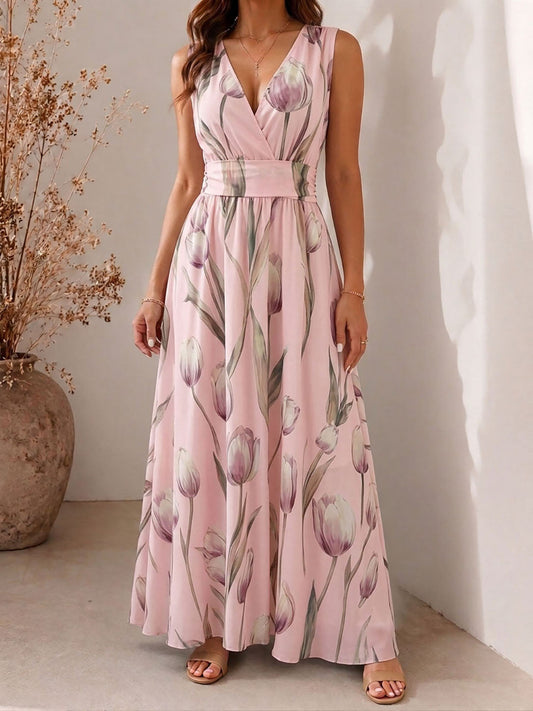 Agatha - Elegant V-Neck Sleeveless Floral A-Line Dress