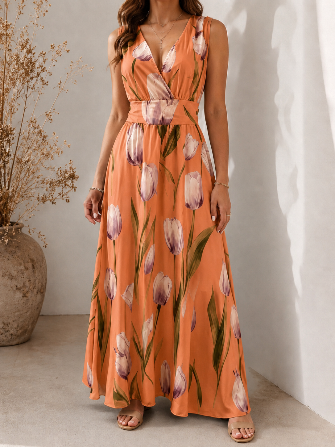 Agatha - Elegant V-Neck Sleeveless Floral A-Line Dress
