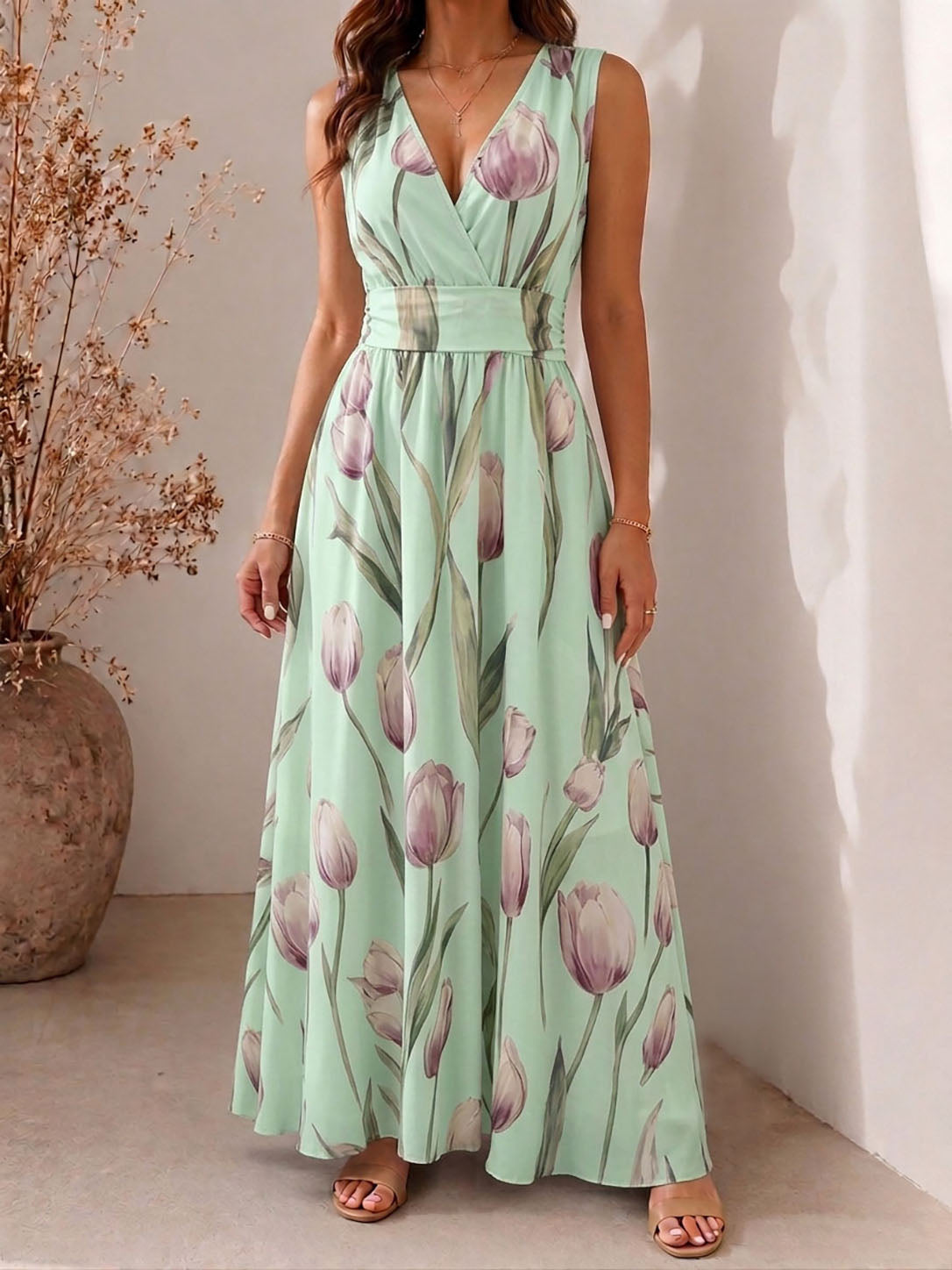 Agatha - Elegant V-Neck Sleeveless Floral A-Line Dress
