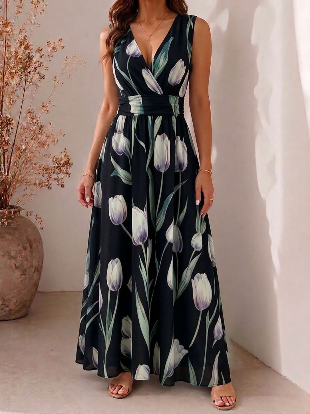 Agatha - Elegant V-Neck Sleeveless Floral A-Line Dress