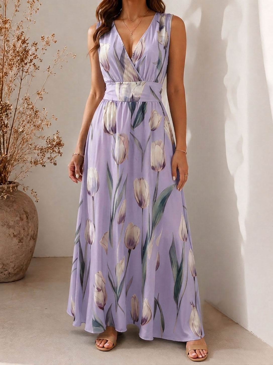 Agatha - Elegant V-Neck Sleeveless Floral A-Line Dress