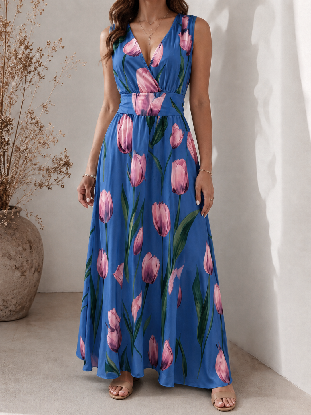 Agatha - Elegant V-Neck Sleeveless Floral A-Line Dress