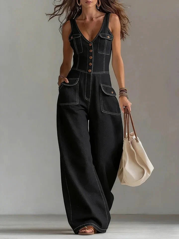 Abby - Loose-Fit Straight-Leg Denim Jumpsuit