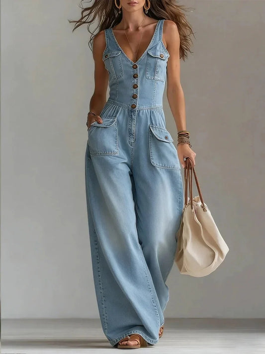 Abby - Loose-Fit Straight-Leg Denim Jumpsuit