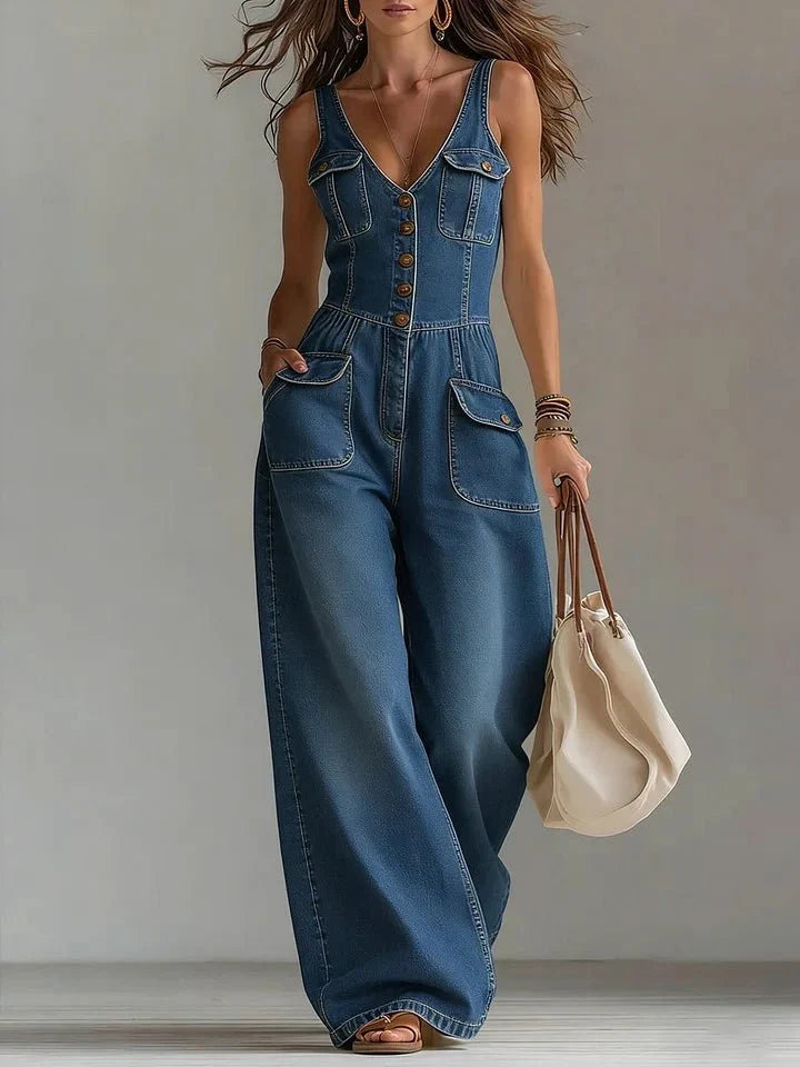 Abby - Loose-Fit Straight-Leg Denim Jumpsuit