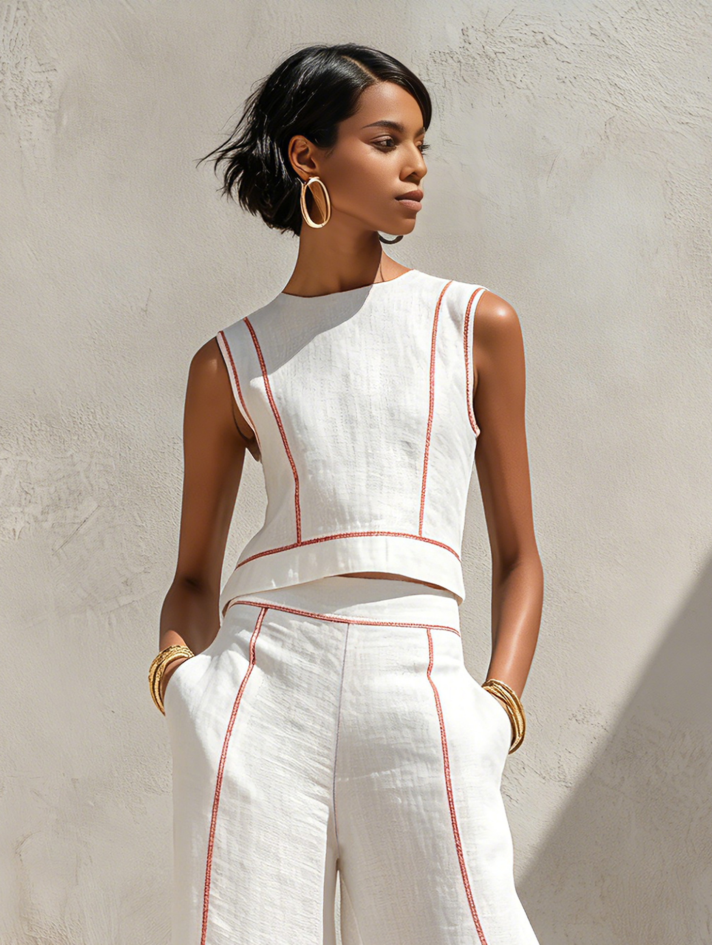 Calla - Contrast-Trim Blouse & Wide Pants Set