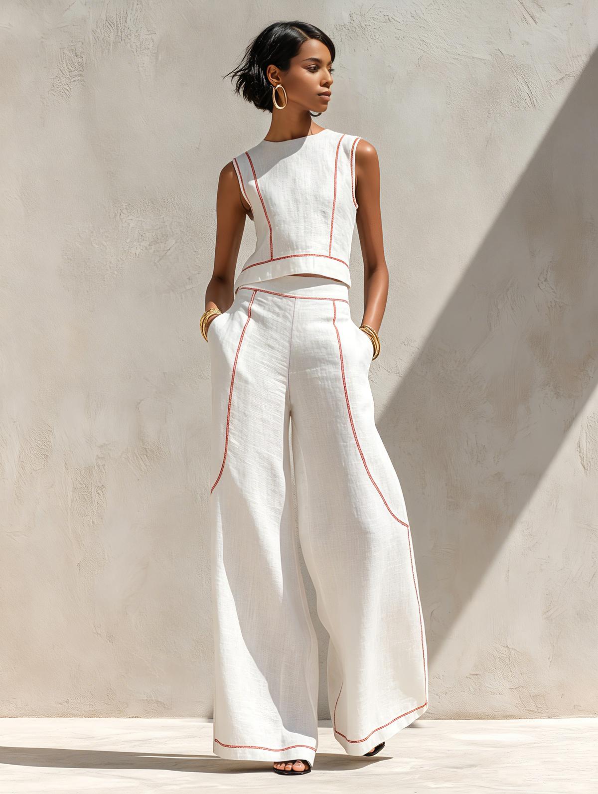 Calla - Contrast-Trim Blouse & Wide Pants Set