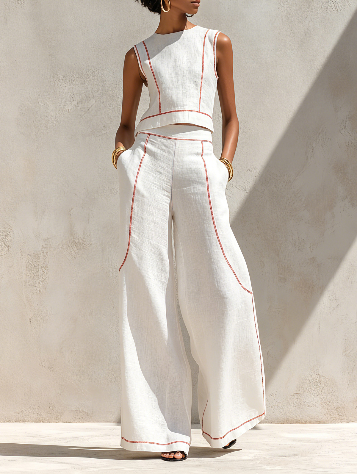 Calla - Contrast-Trim Blouse & Wide Pants Set