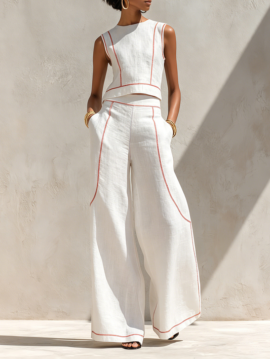 Calla - Contrast-Trim Blouse & Wide Pants Set