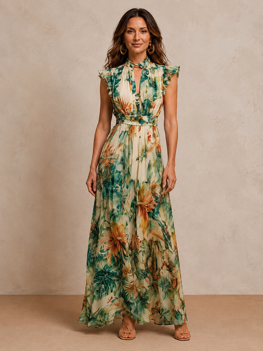 Martha - Tropical Print Cinched Waist Maxi Dress