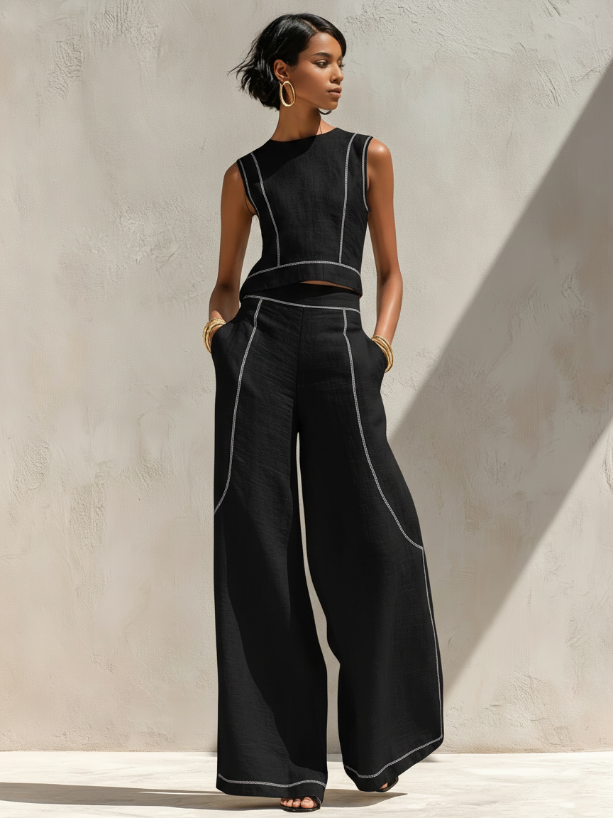 Calla - Contrast-Trim Blouse & Wide Pants Set