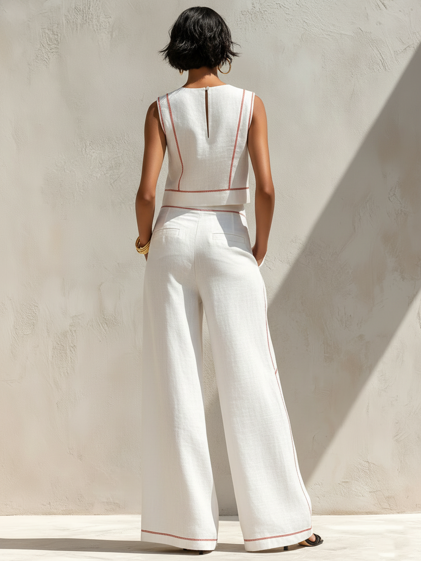Calla - Contrast-Trim Blouse & Wide Pants Set