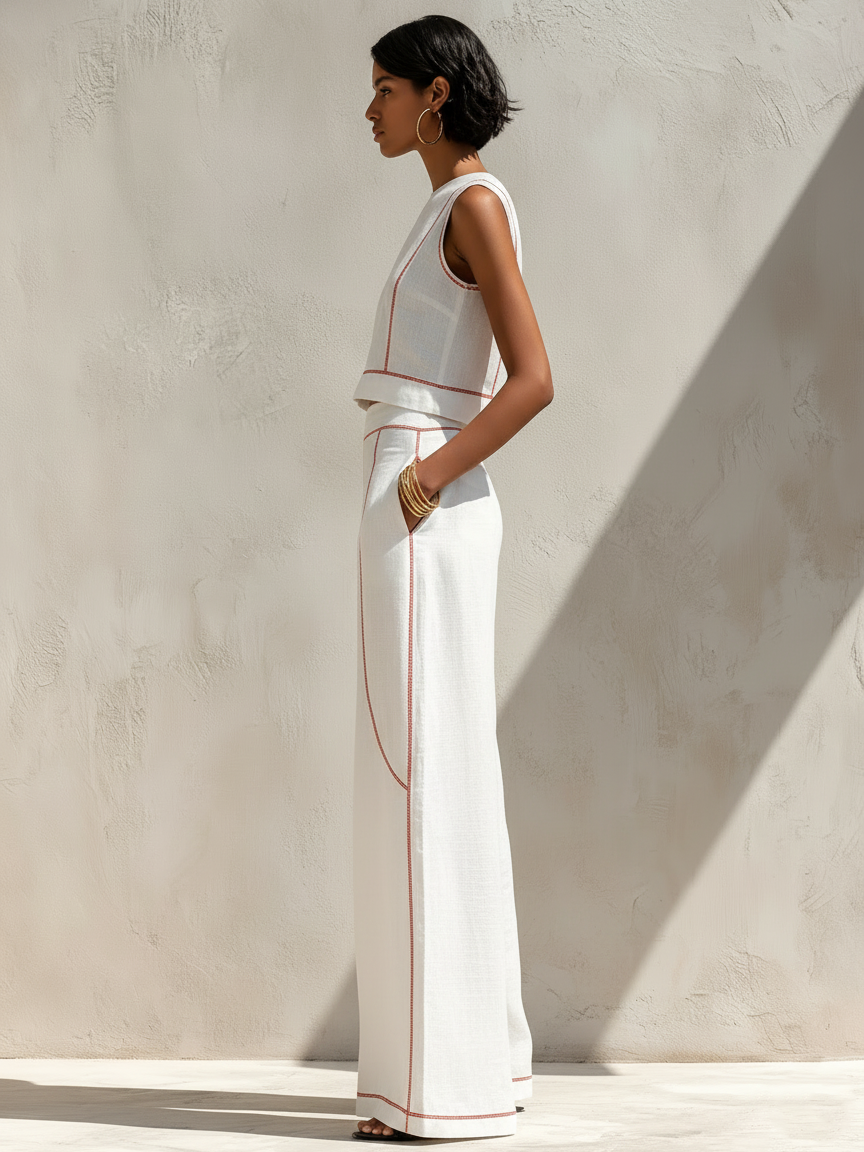 Calla - Contrast-Trim Blouse & Wide Pants Set